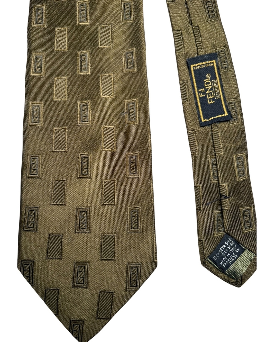 Fendi 100% Silk Olive Green Jacquard Geometric Made in Italy Men's Designer Tie